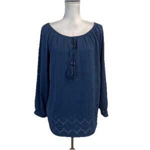 Rafaella Blouse Top Women's Size XL Teal Blue Floral Eyelet Tassel Boho Peasant